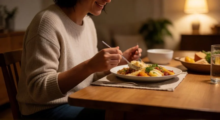 diferencia entre comer parado y sentado, Persona sentada tranquilamente comiendo en una mesa de madera