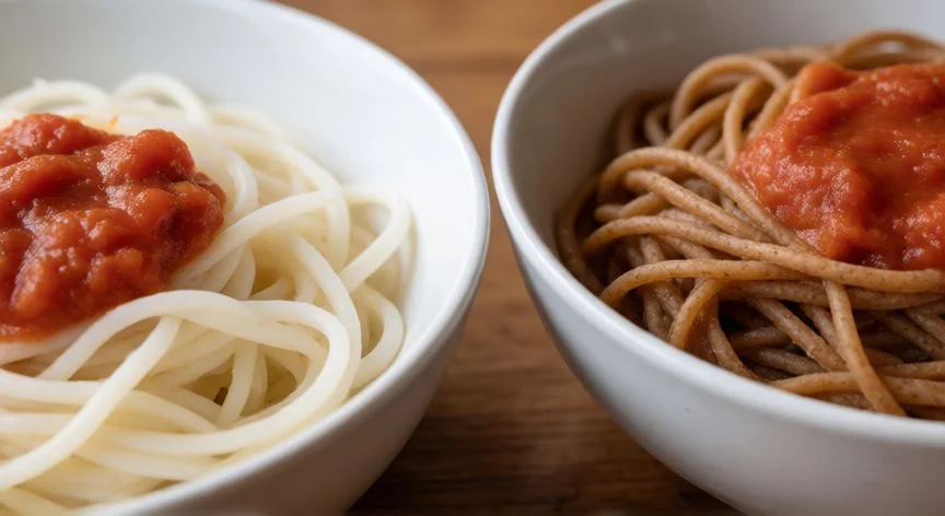 Pasta integral y pasta blanca en secos sobre mesa de cocina rústica