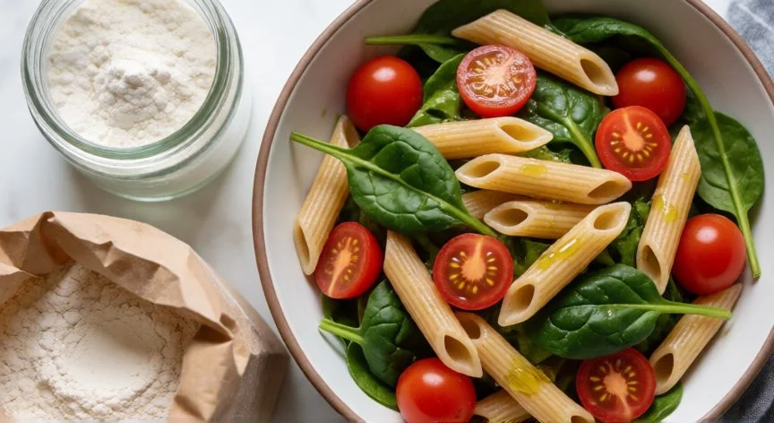 diferencia entre comer pasta integral y normal, Plato de pasta integral al dente con verduras junto a ensalada de pasta blanca