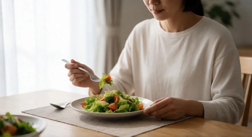 diferencia entre comer rapido y lento, Mujer comiendo lentamente una ensalada con calma y conciencia
