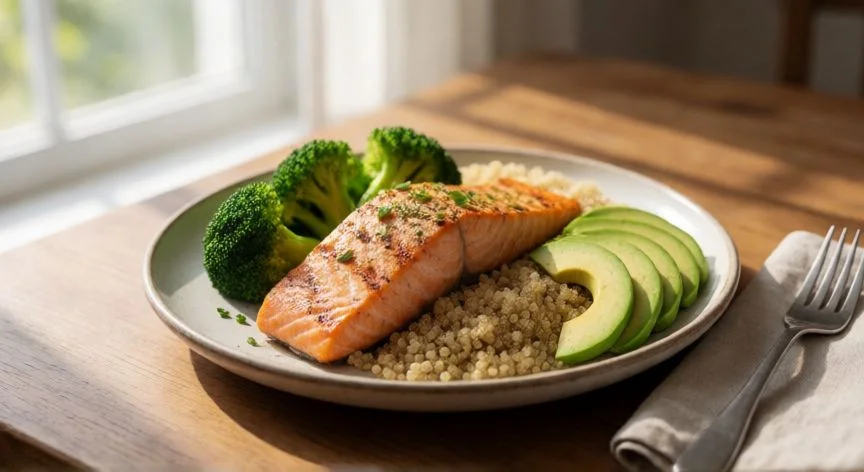 diferencia entre comer saludable y dieta, Plato saludable equilibrado con salmón, quinua y vegetales