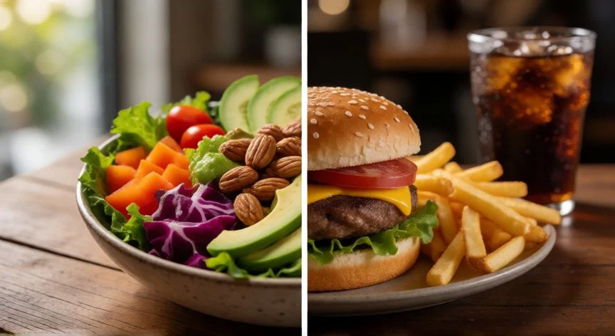 Comparativa visual entre una ensalada saludable y comida rápida ultraprocesada
