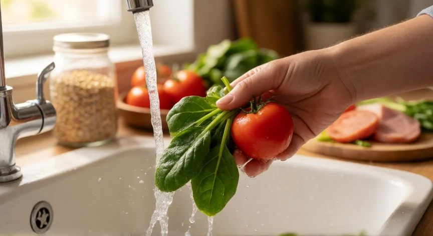 diferencia entre comer saludable y no saludable, Preparación de alimentos frescos y limpios en una cocina moderna