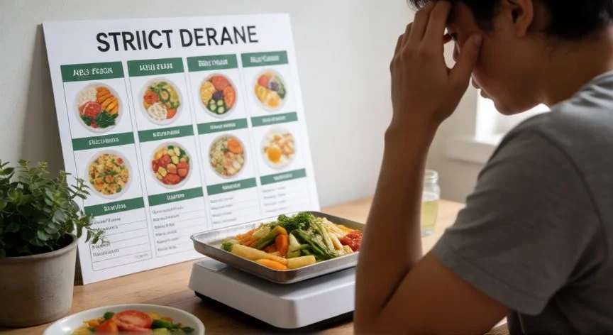 diferencia entre comer sano y hacer dieta, Persona midiendo su comida y revisando un plan de dieta restrictivo