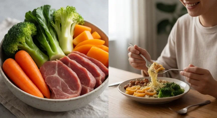 Comparación visual entre nutrición técnica y bienestar emocional al comer