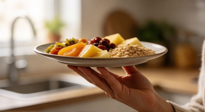 diferencia entre comer sano y saludable, Manos sosteniendo una comida equilibrada y consciente en un ambiente relajado