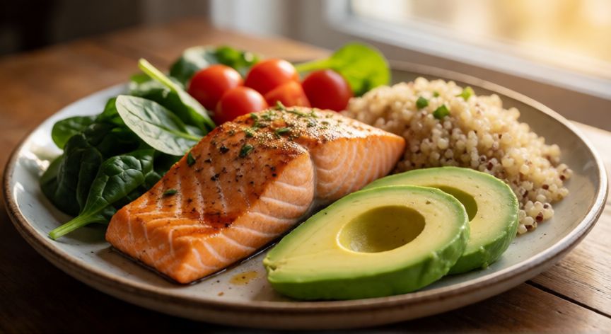 Plato saludable con salmón y vegetales