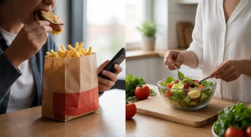diferencia entre comer y alimentarse, Madre e hijo cultivando tomates en casa, reconectando con la comida real