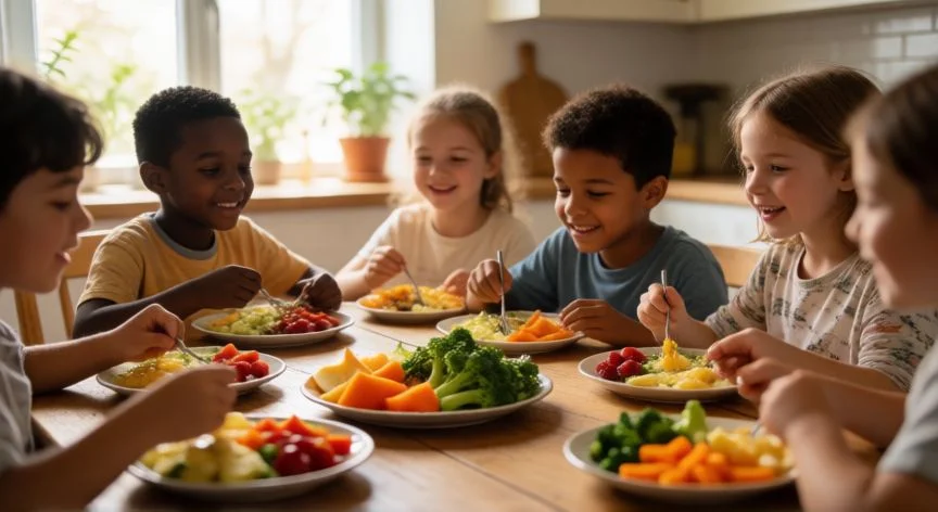 Niños disfrutando de una comida saludable y variada en familia