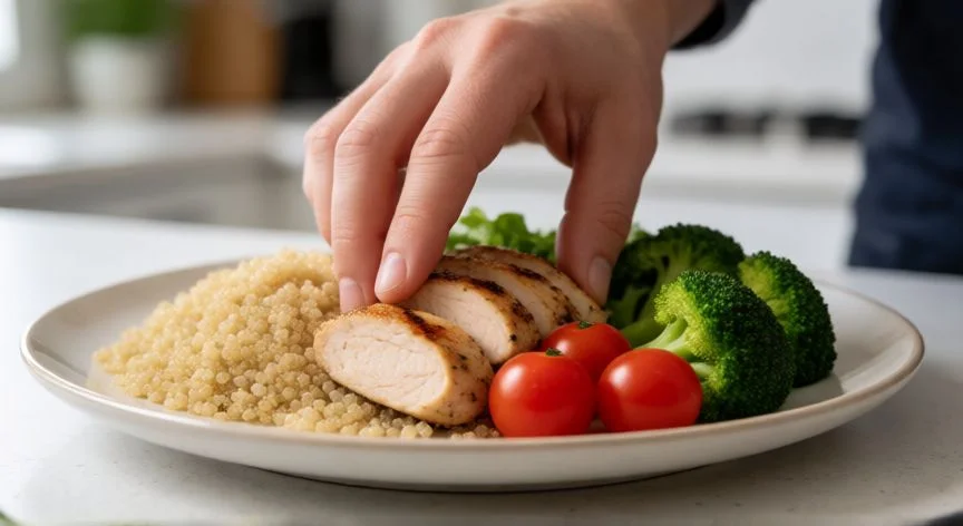 diferencia entre comer y alimentarse para niños, Plato equilibrado con proteínas y verduras fresco para niños