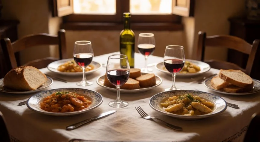 Mesa típica española durante la hora del almuerzo o comida principal