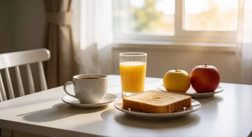 diferencia entre comer y almorzar, Mesa de desayuno matutino representando el significado latinoamericano de almorzar