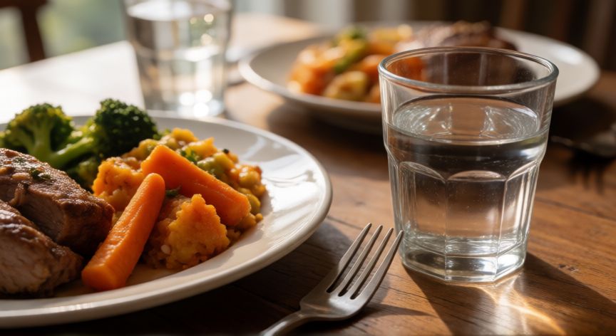 Comparación visual entre alimentos sólidos y líquidos sobre una mesa