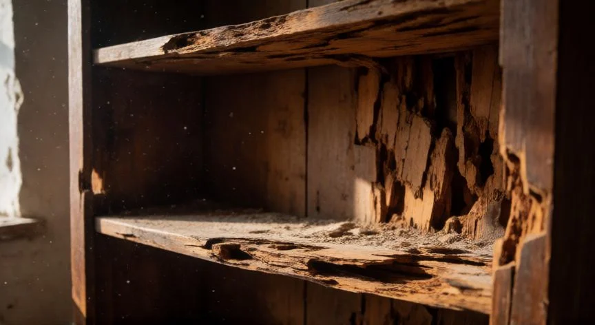 diferencia entre comer y carcomer, Estante de madera destruido por insectos carcomas