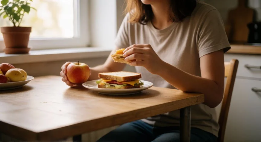 Persona comiendo un bocadillo ligero durante la tarde
