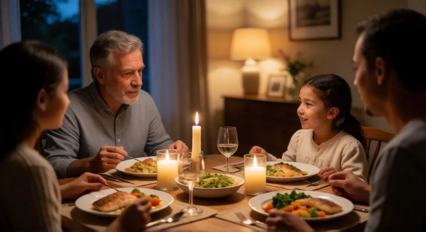 diferencia entre comer y cenar, Familia compartiendo una cena tranquila y ligera en la noche