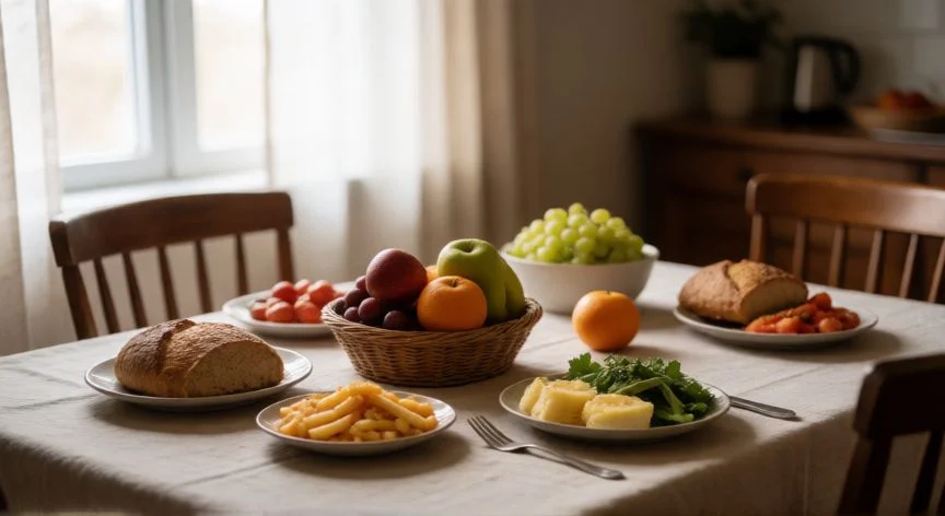 Mesa con comida saludable representando el hábito de comer