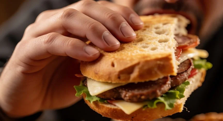 diferencia entre comer y comerse, Manos comiendo un sándwich con intensidad y rapidez