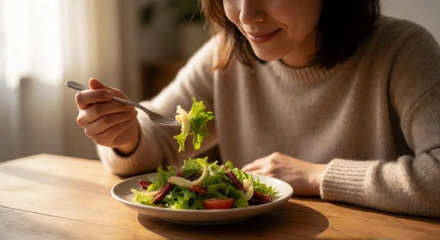 Persona comiendo fruta fresca en una mesa doméstica con tarros de despensa al fondo