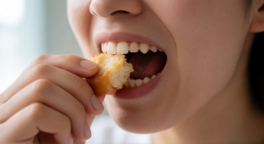 Proceso de masticación al comer mostrando la acción muscular oral