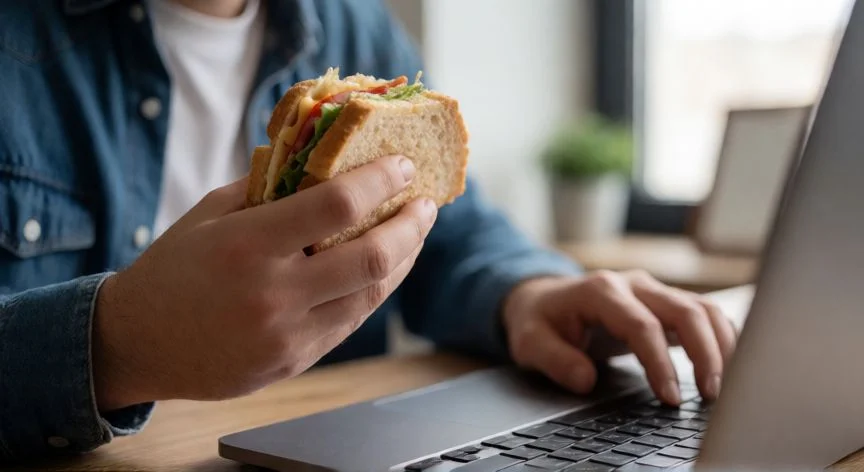 Persona comiendo rápidamente mientras trabaja en una laptop
