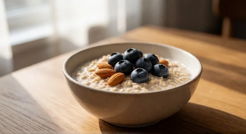 diferencia entre comer y desayunar, Bowl de avena con frutos rojos como ejemplo de desayuno saludable