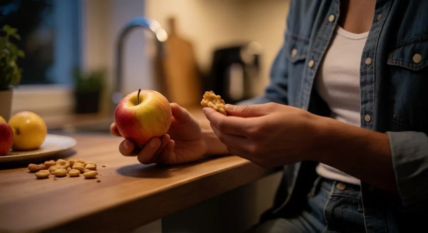 diferencia entre comer y desayunar, Persona comiendo una merienda ligera por la noche en casa