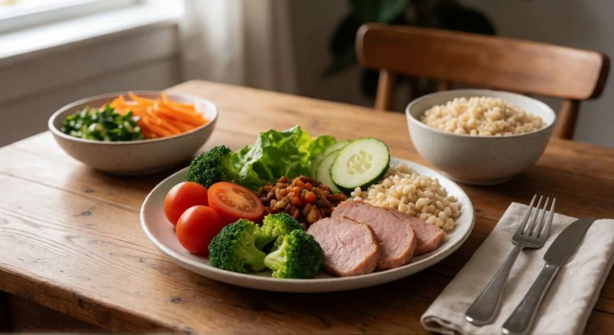 diferencia entre comer y hartarse, Plato saludable y equilibrado con porciones adecuadas sobre mesa de madera