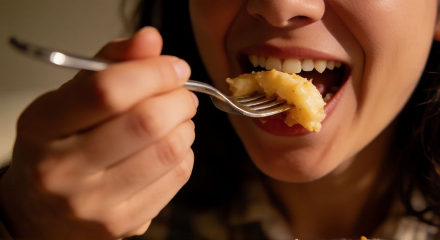 Persona comiendo con tenedor en boca, proceso de ingesta de alimentos