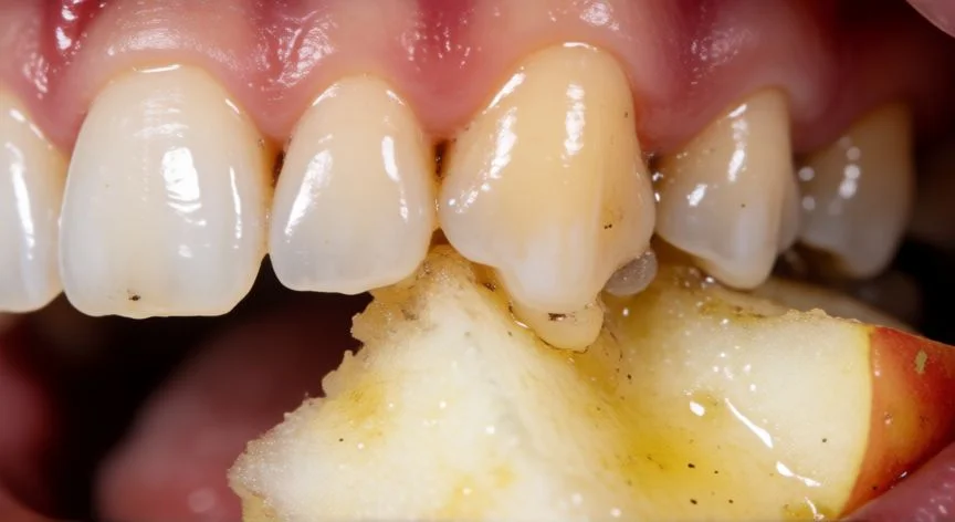 diferencia entre comer y masticar, Detalle macro de dientes masticando manzana con saliva en boca