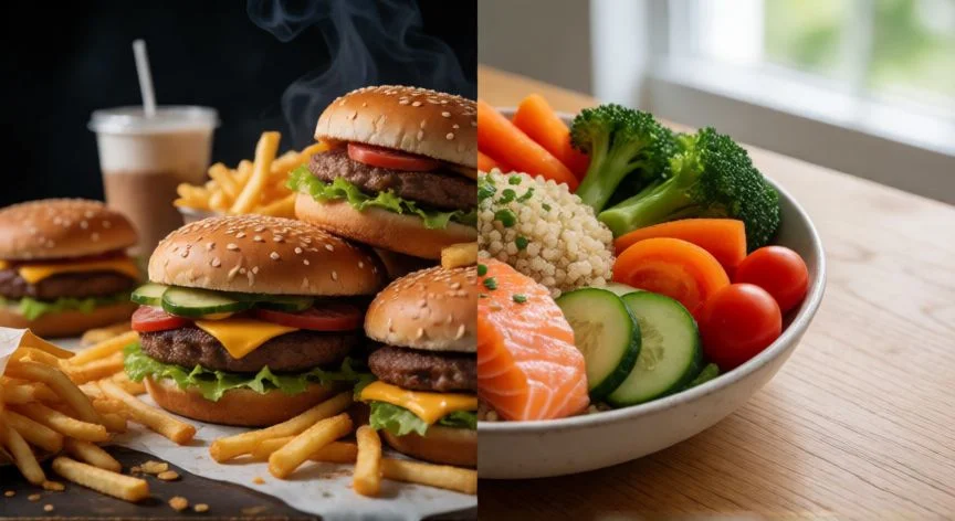 Plato de alimentos frescos y nutritivos junto a productos ultraprocesados sobre mesa de cocina
