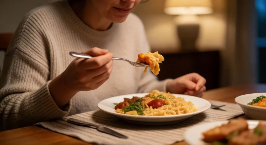 Persona comiendo un plato completo en una mesa de comedor