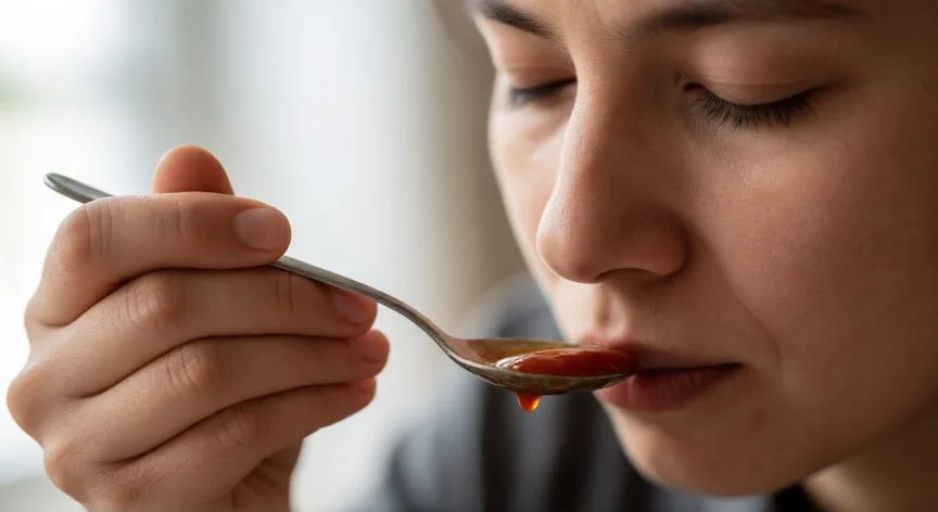 diferencia entre comer y probar, Detalle de una persona probando el sabor de una salsa con una cuchara pequeña