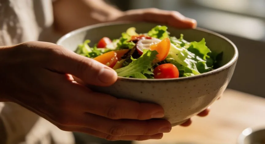 Manos sosteniendo un bol de ensalada fresca en una mesa de madera
