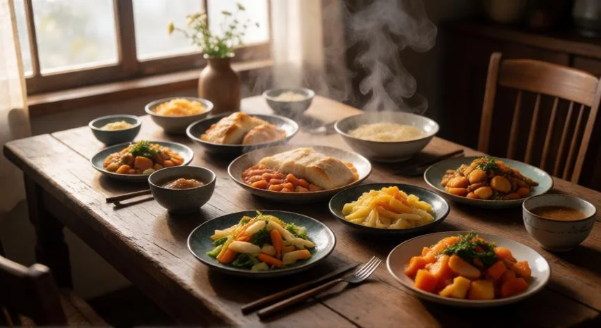 diferencia entre comer y saborear, Mesa de comedor elegante con platos variados y luz natural matutina