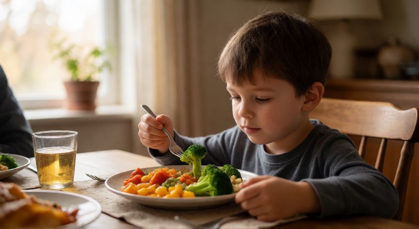 Niño concentrado observando su comida en la mesa familiar