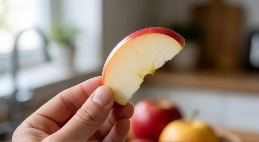 diferencia entre comer y saborear para niños, Detalle de una manzana fresca mostrando su textura y color