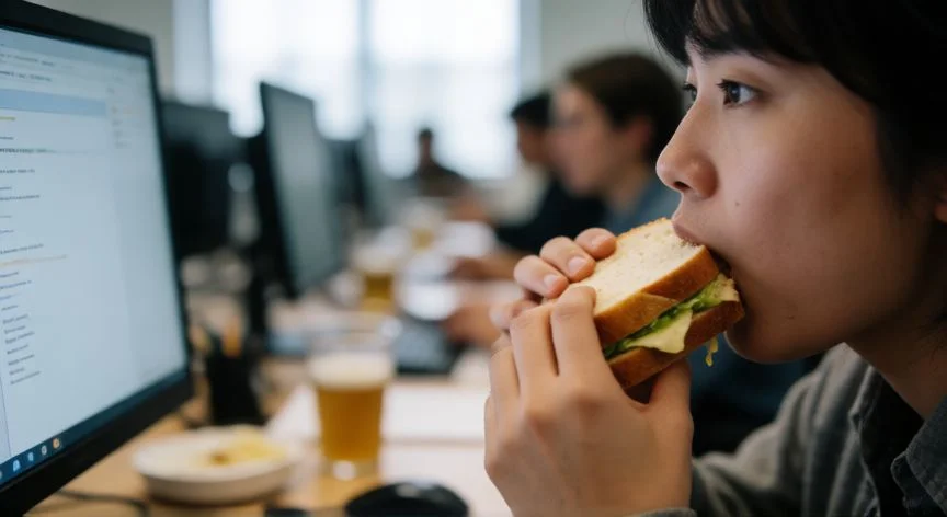 Persona comiendo rápidamente en la oficina