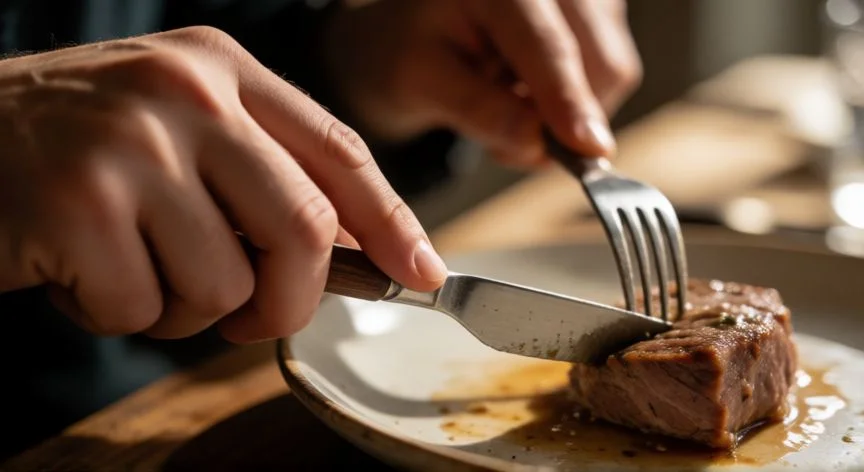 Persona comiendo un plato de comida sólida con tenedor y cuchillo