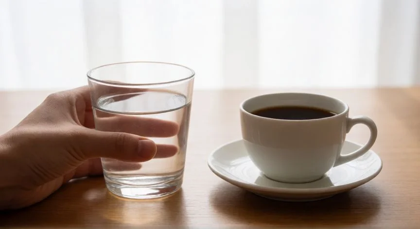 diferencia entre comer y tomar, Manos tomando agua y café en una mesa de madera con luz natural