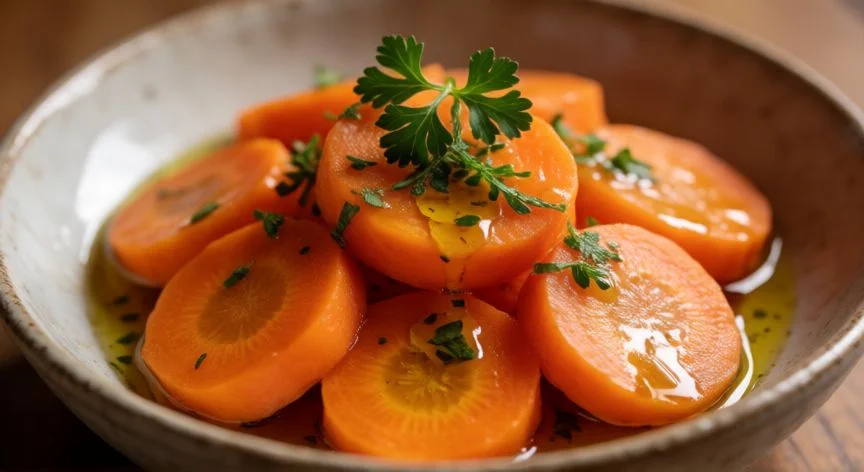 diferencia entre comer zanahoria cruda o cocida, Zanahoria cocida al vapor con aceite de oliva en plato de cerámica rústica