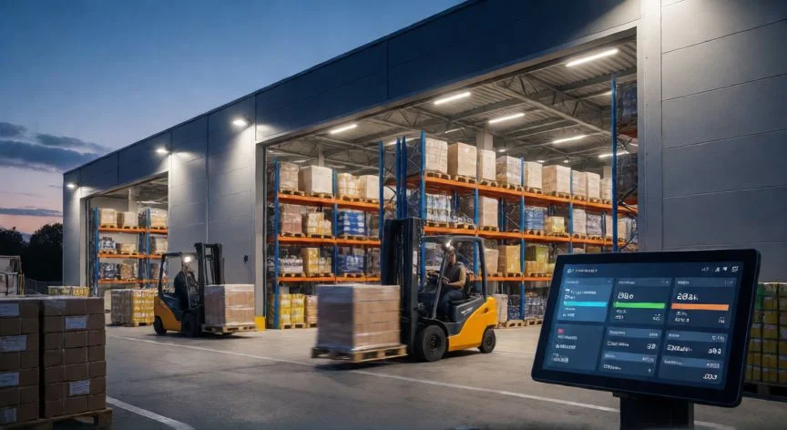diferencia entre comercializadora y distribuidora, Centro de distribución moderno gestionando inventarios y logística para la venta minorista