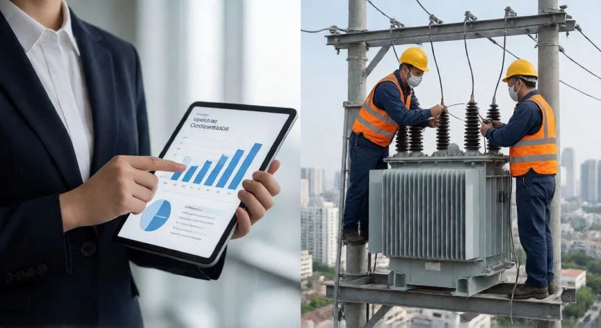 Comparación visual entre un gestor comercial y un técnico de distribución eléctrica