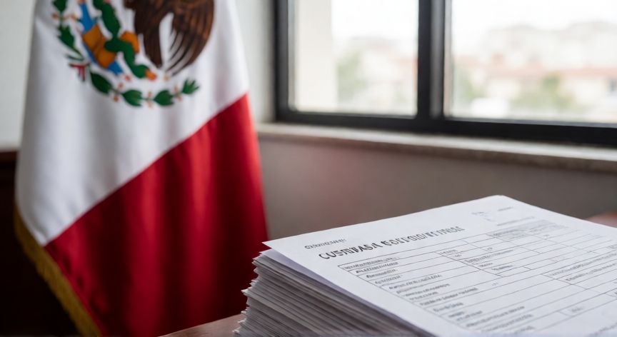 Documentos de comercio exterior y bandera nacional en oficina gubernamental