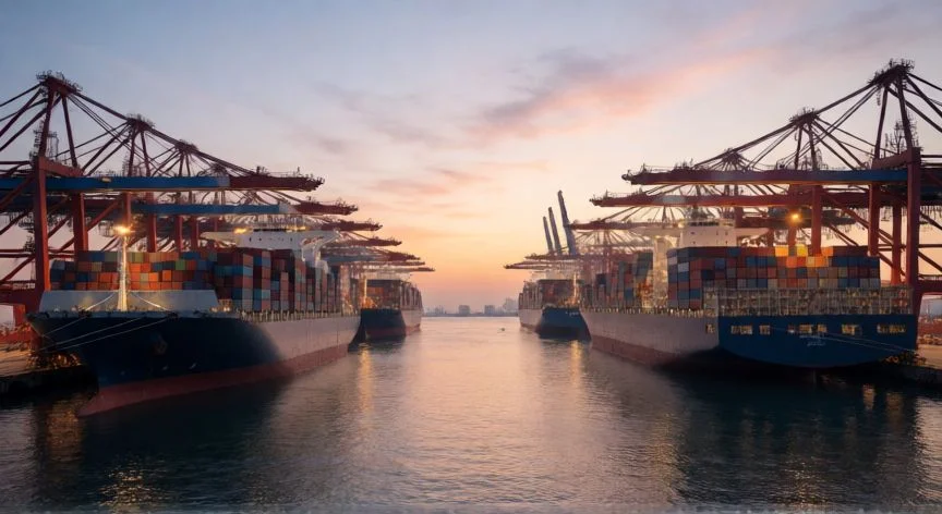 diferencia entre comercio exterior y comercio internacional, Puerto moderno con barcos de carga simbolizando el comercio internacional