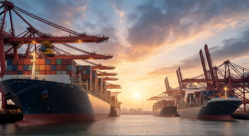 diferencia entre comercio interior y exterior, Puerto de contenedores ilustrando la logística del comercio exterior internacional