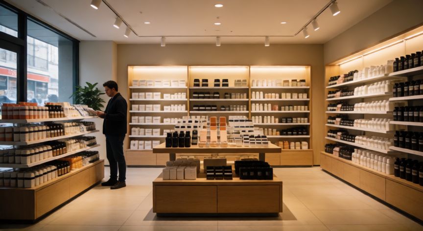 Interior de una tienda de comercio minorista moderna con estanterías organizadas