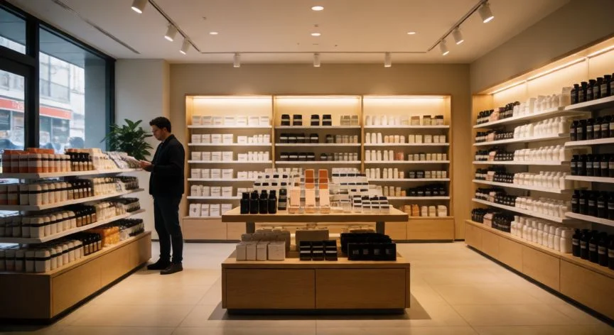 Interior de una tienda de comercio minorista moderna con estanterías organizadas