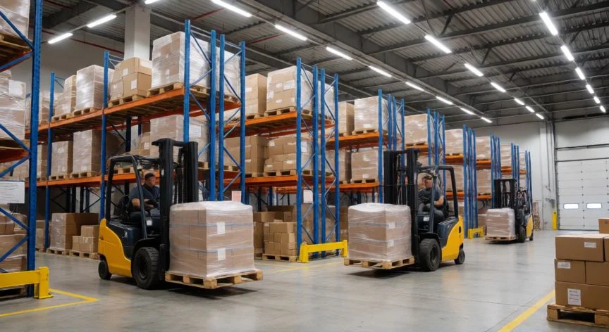 diferencia entre comercio minorista y mayorista, Centro logístico mayorista con montacargas moviendo palés de mercancía
