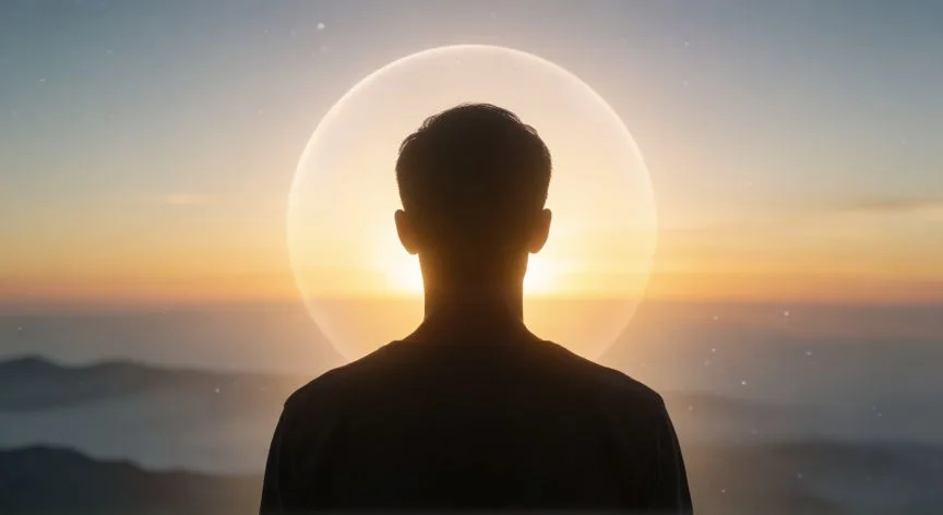 diferencia entre conciencia y consciencia, Silueta humana reflexiva frente al amanecer simbolizando la conciencia profunda